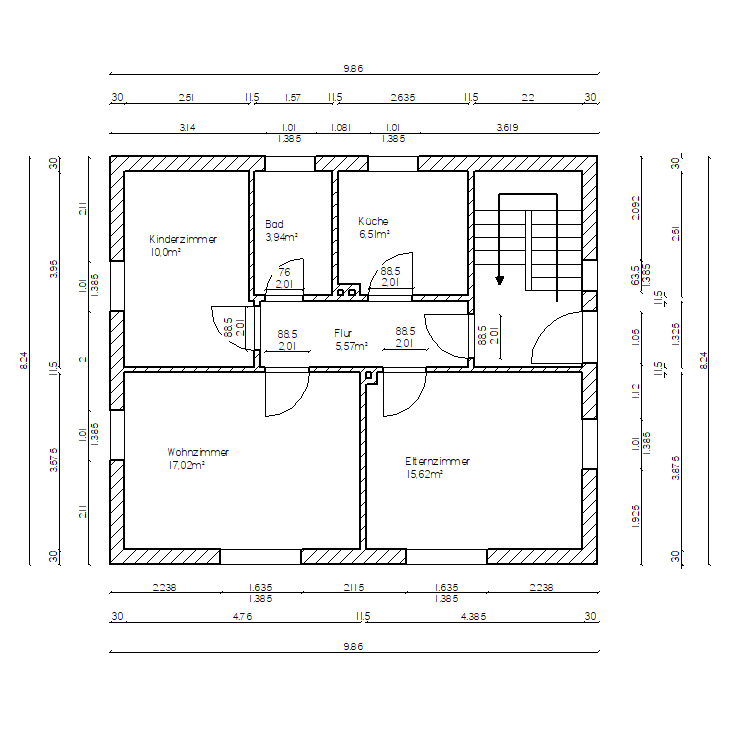 Professioneller 2D-Grundriss eines Erdgeschosses, digitalisiert nach Originalvorlage für Immobilienmarketing